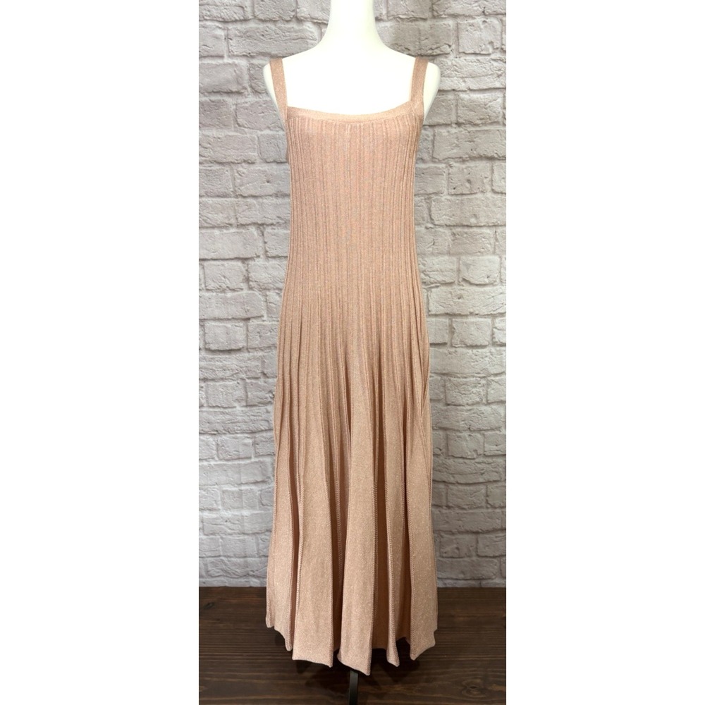 St. John Evening Gown M Pink Metallic Shimmer Knit Flare Maxi Dress MSRP $1495